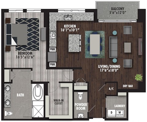 Floor plan for 1 bed, 1.5 baths, 1297 sqft