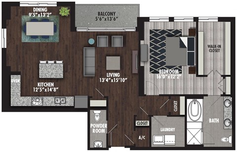 Floor plan for 1 bed, 1.5 baths, 1306 sqft