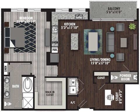 Floor plan for 1 bed, 1.5 baths, 1320 sqft