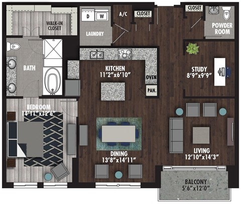 Floor plan for 1 bed, 1.5 baths, 1342 sqft