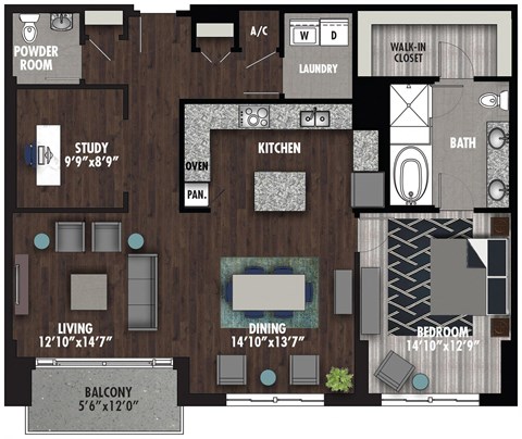 Floor plan for 1 bed, 1.5 baths, 1343 sqft