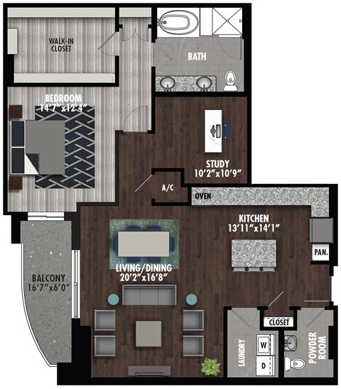 Floor plan for 1 bed, 1.5 baths, 1344 sqft