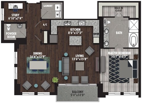 Floor plan for 1 bed, 1.5 baths, 1378 sqft