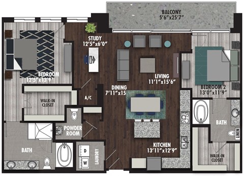 Floor plan for 2 beds, 2.5 baths, 1493 sqft