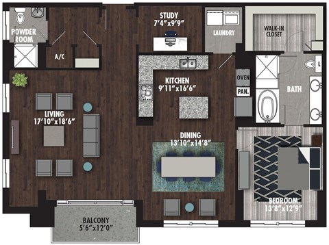 Floor plan for 1 bed, 1.5 baths, 1533 sqft