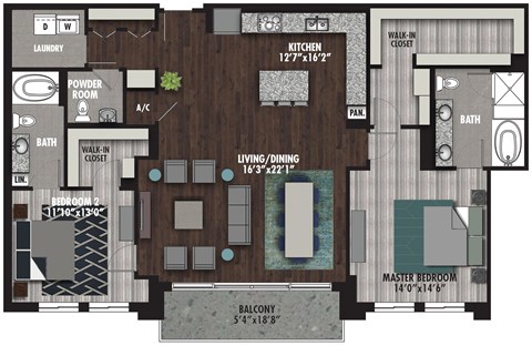 Floor plan for 2 beds, 2.5 baths, 1721 sqft