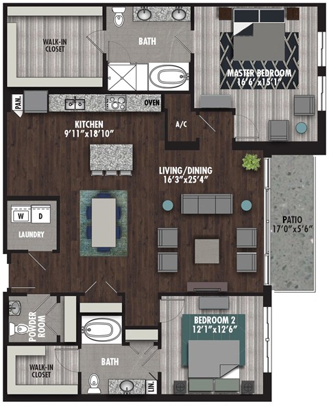Floor plan for 2 beds, 2.5 baths, 1730 sqft