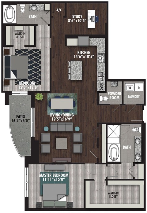 Floor plan for 2 beds, 2.5 baths, 1754 sqft