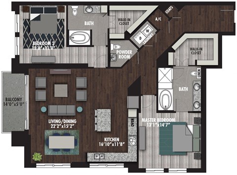 Floor plan for 2 beds, 2.5 baths, 1776 sqft