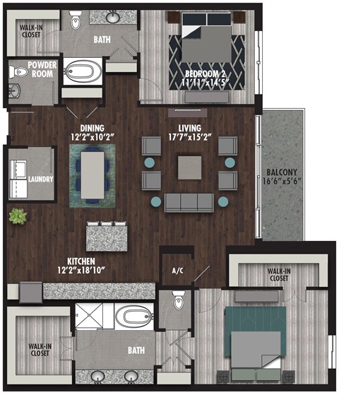 Floor plan for 2 beds, 2.5 baths, 1779 sqft