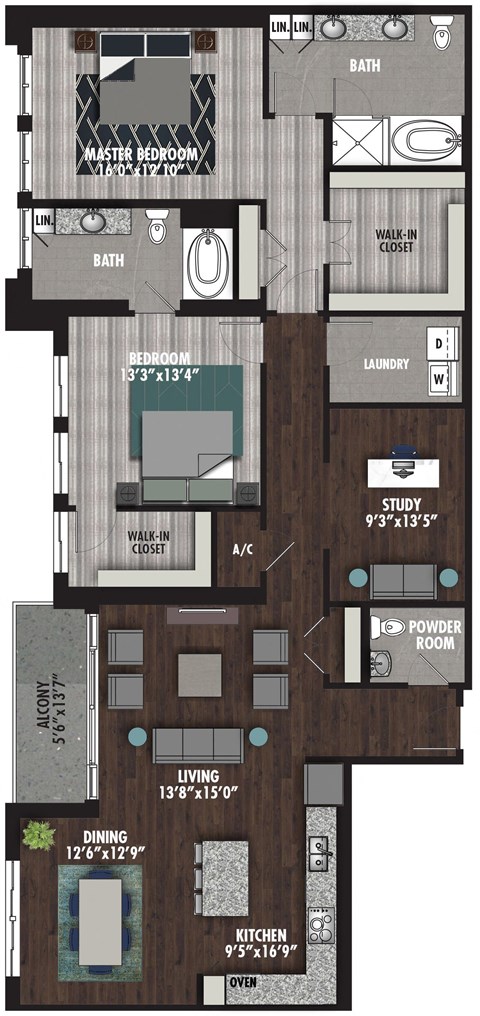 Floor plan for 2 beds, 2.5 baths, 1942 sqft