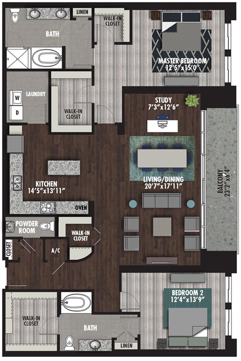 Floor plan for 2 beds, 2.5 baths, 1994 sqft