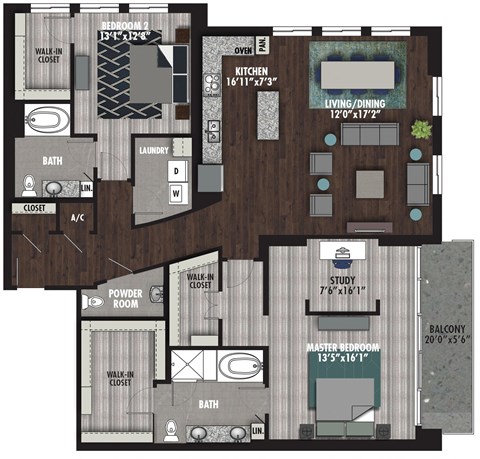 Floor plan for 2 beds, 2.5 baths, 2031 sqft