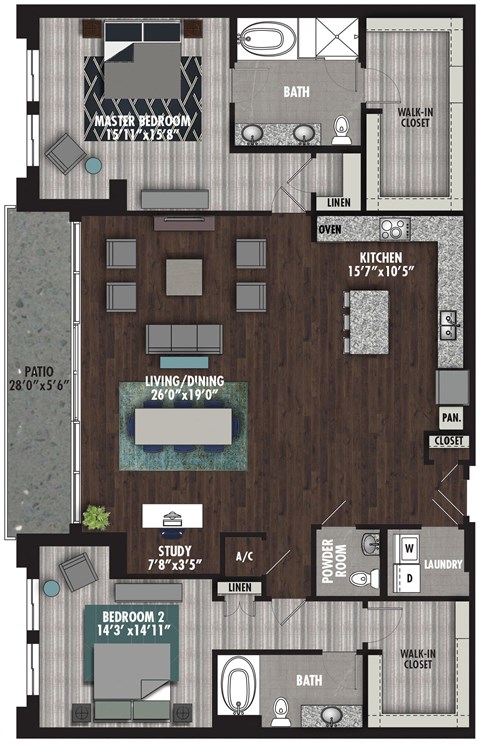 Floor plan for 2 beds, 2.5 baths, 2099 sqft