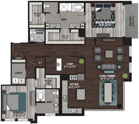 Floor plan for 2 beds, 2.5 baths, 2177 sqft