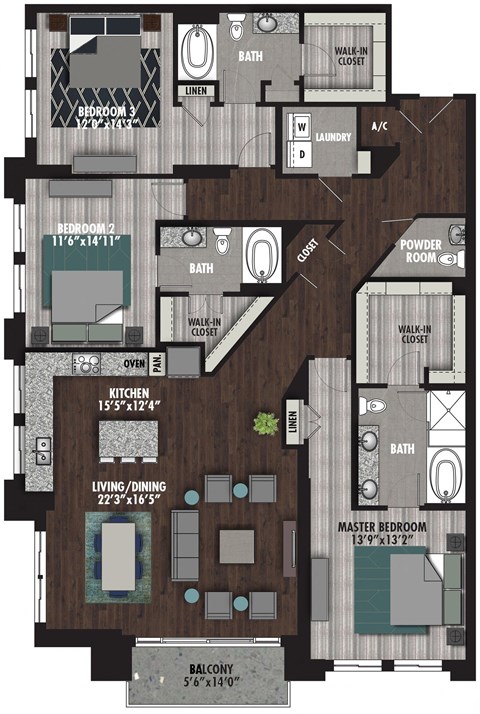 Floor plan for 3 beds, 3.5 baths, 2254 sqft