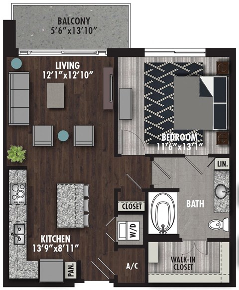 Floor plan for 1 bed, 1 bath, 778 sqft