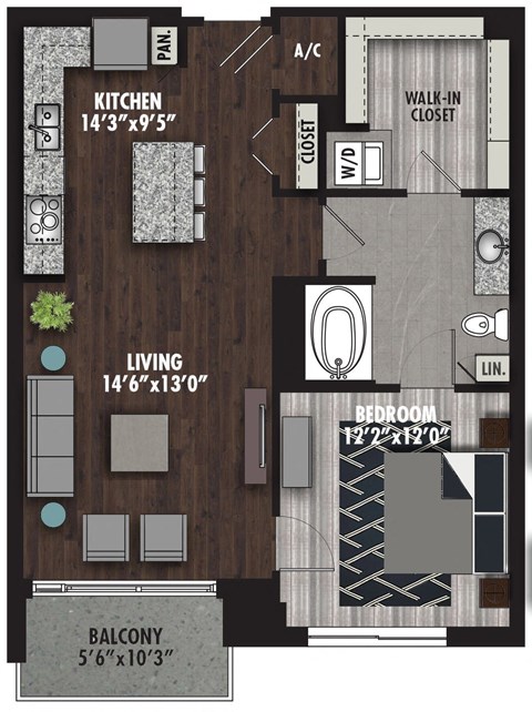 Floor plan for 1 bed, 1 bath, 842 sqft