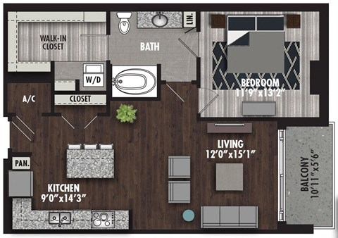 Floor plan for 1 bed, 1 bath, 846 sqft