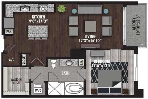 Floor plan for 1 bed, 1 bath, 871 sqft
