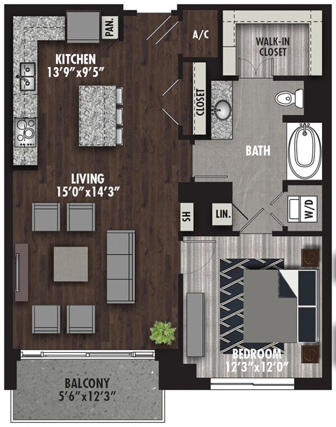 Floor plan for 1 bed, 1 bath, 881 sqft