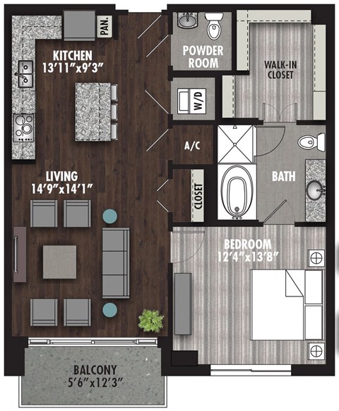 Floor plan for 1 bed, 1.5 baths, 931 sqft