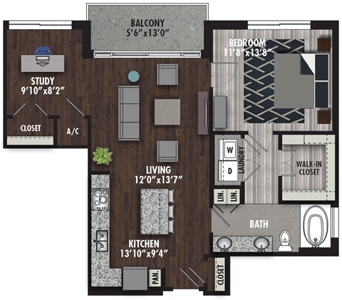 Floor plan for 1 bed, 1 bath, 954 sqft
