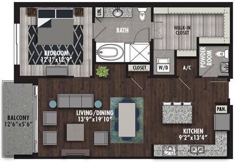 Floor plan for 1 bed, 1.5 baths, 999 sqft