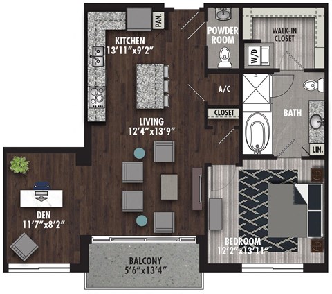 Floor plan for 1 bed, 1.5 baths, 1016 sqft