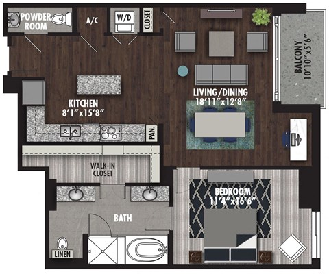 Floor plan for 1 bed, 1.5 baths, 1053 sqft