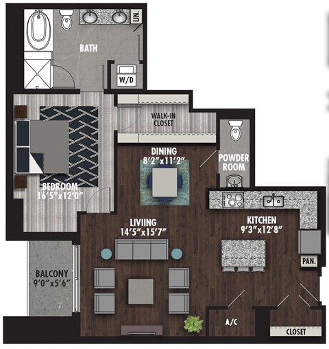 Floor plan for 1 bed, 1.5 baths, 1109 sqft