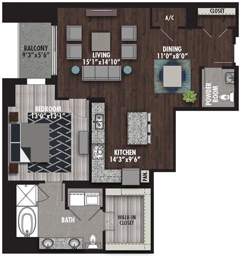 Floor plan for 1 bed, 1.5 baths, 1150 sqft