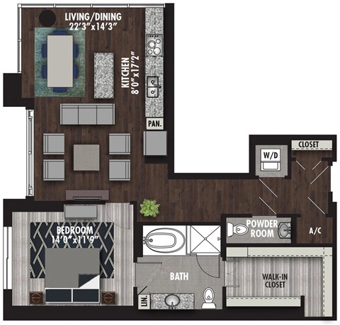 Floor plan for 1 bed, 1.5 baths, 1267 sqft