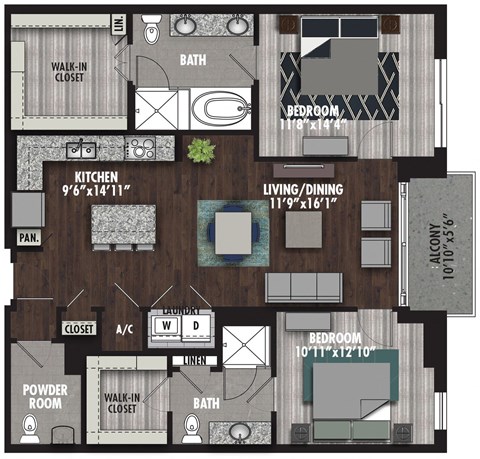 Floor plan for 2 beds, 2.5 baths, 1267 sqft