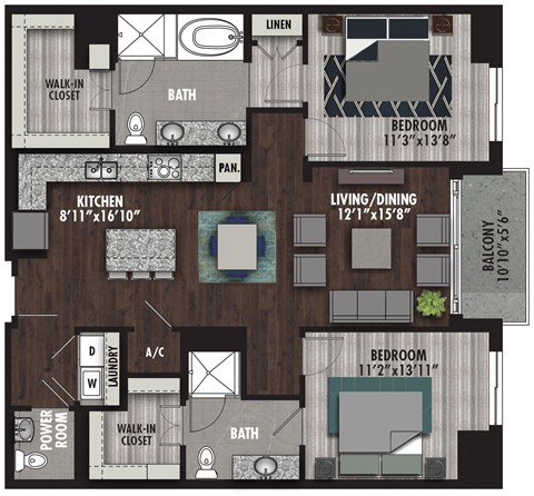 Floor plan for 2 beds, 2.5 baths, 1318 sqft