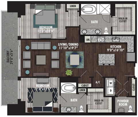Floor plan for 2 beds, 2.5 baths, 1380 sqft