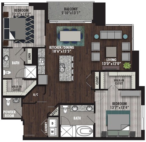 Floor plan for 2 beds, 2.5 baths, 1437 sqft