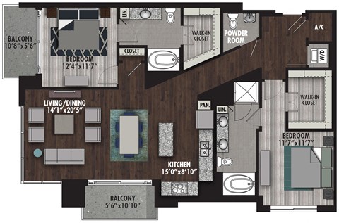 Floor plan for 2 beds, 2.5 baths, 1445 sqft