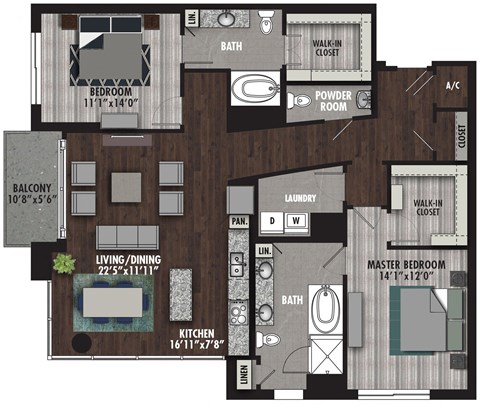 Floor plan for 2 beds, 2.5 baths, 1570 sqft