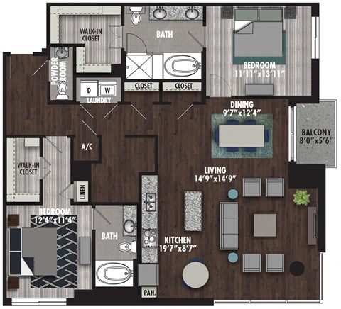 Floor plan for 2 beds, 2.5 baths, 1624 sqft