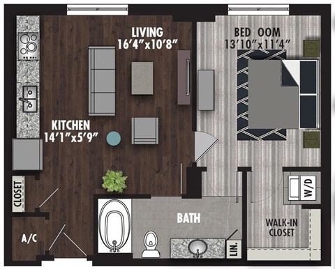 Floor plan for 1 bed, 1 bath, 681 sqft