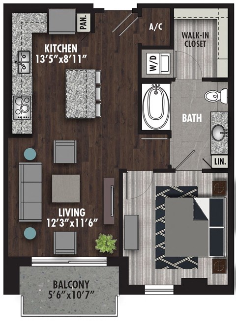 Floor plan for 1 bed, 1 bath, 710 sqft
