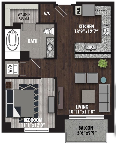 Floor plan for 1 bed, 1 bath, 719 sqft