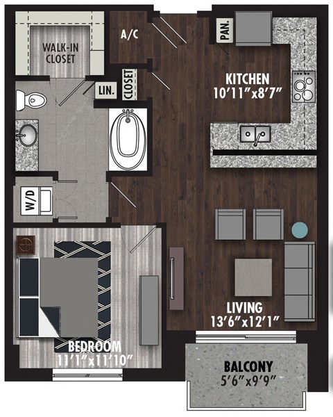 Floor plan for 1 bed, 1 bath, 721 sqft