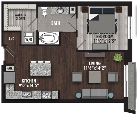 Floor plan for 1 bed, 1 bath, 758 sqft