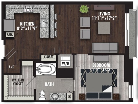 Floor plan for 1 bed, 1 bath, 766 sqft