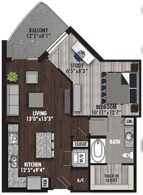 Floor plan for 1 bed, 1 bath, 775 sqft