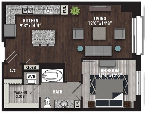 Floor plan for 1 bed, 1 bath, 778 sqft