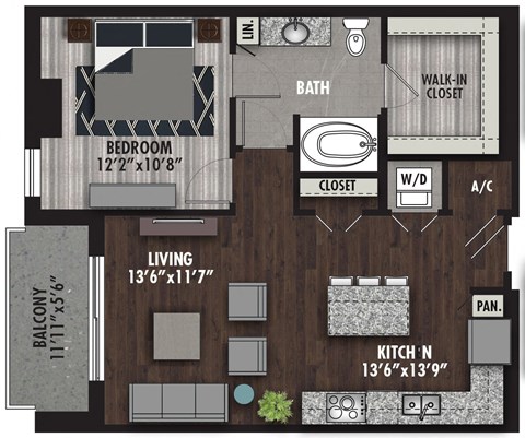 Floor plan for 1 bed, 1 bath, 804 sqft