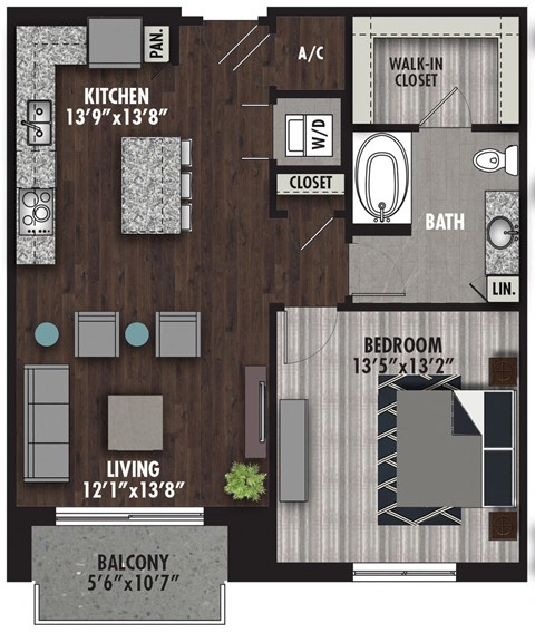 Floor plan for 1 bed, 1 bath, 824 sqft